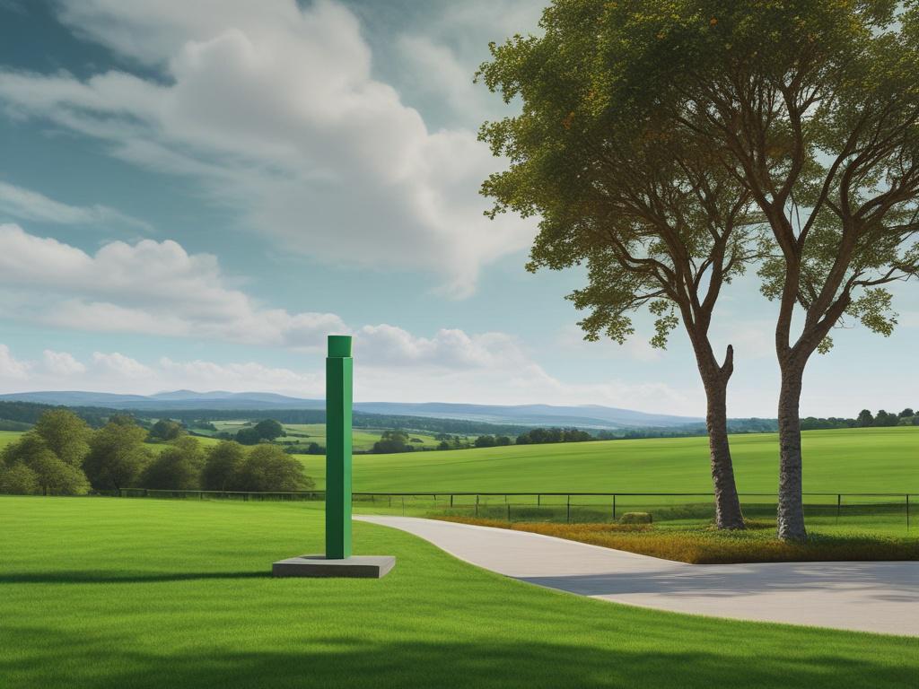 A minimalist, photorealistic image showcasing a vibrant green landscape with