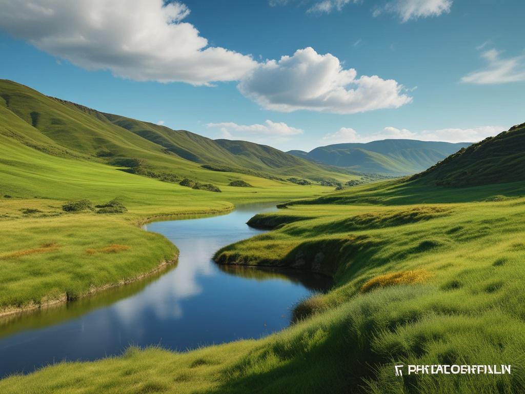 A serene landscape showcasing a clear blue sky and lush green hills, symbolizing trust and clarity. The composition should be minimalistic with clean lines, focusing on a single, majestic tree at the center. The tree should have vibrant green leaves, embodying the primary color rgb(50, 170, 39). The background should be soft and inviting, with a gentle gradient that enhances the tree's prominence.