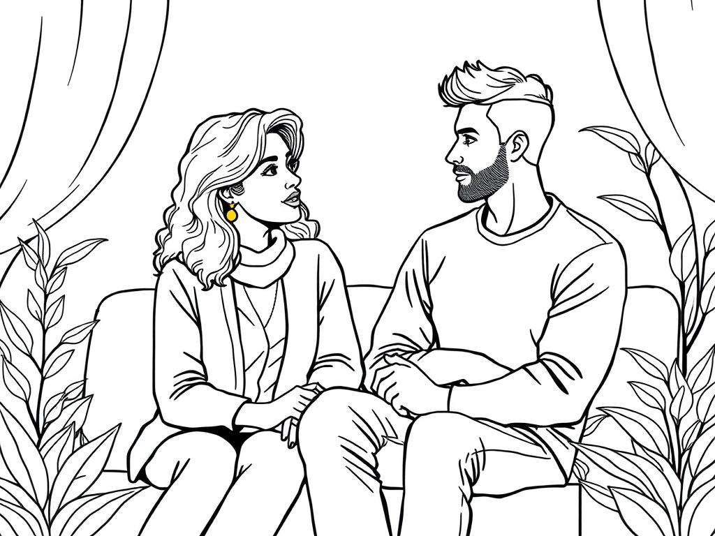 A compassionate coach sitting with a client in a serene setting, engaging in a deep conversation. The coach, a female of African descent, listens attentively while the client, a male of Caucasian descent, expresses his thoughts. The background is calming, with elements of nature like plants. The style should be a crisp, solid black line drawing, highlighting the connection and understanding between coach and client.