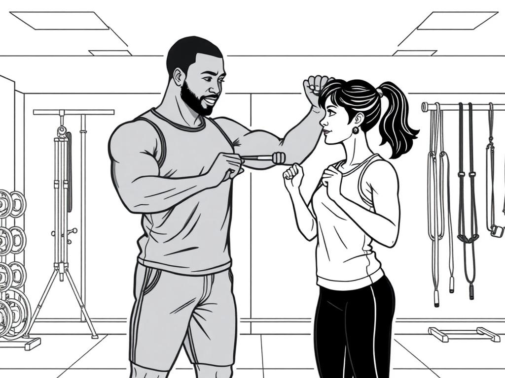 A personal trainer guiding an individual through a strength training exercise in a fitness studio. The trainer, a fit African descent male, demonstrates proper form while the client, a female of Asian descent, follows along. The background features exercise equipment like dumbbells and resistance bands. The style should be a crisp, solid black line drawing, emphasizing the connection between trainer and client.
