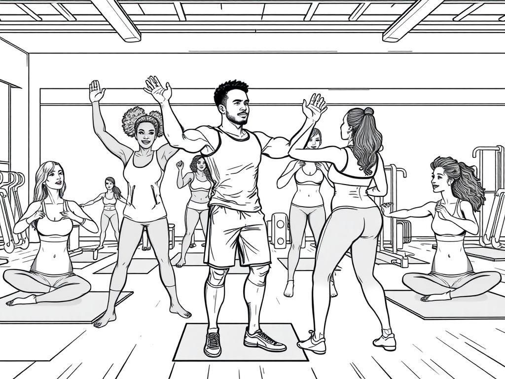 A diverse group of individuals participating in a fitness class, engaging in various exercises like stretching and strength training. The instructor, a fit male of African descent, leads the class with enthusiasm. The setting is bright and inviting, filled with fitness mats and equipment in the background. The style should be a crisp, solid black line drawing, capturing the energy and camaraderie of the group.