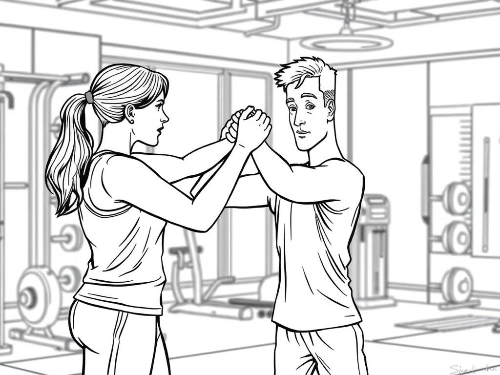 A personal training session in action, featuring a trainer guiding a client through a strength exercise. The trainer, a fit individual with a supportive demeanor, demonstrates a technique with clear focus. The setting is a bright and inviting gym space, with exercise equipment in the background. The client, a determined person, follows the trainer's guidance attentively. The image should be illustrated in a crisp, solid black line drawing style, with the primary color being rgb(12, 186, 225) incorporated in the background.