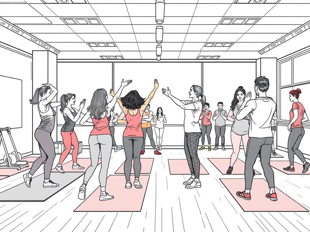 A lively group fitness class taking place in a spacious studio. The class features diverse participants engaged in a high-energy workout, led by an enthusiastic instructor demonstrating exercises. The atmosphere is vibrant and filled with energy, showcasing individuals of various fitness levels cheering each other on. The setting should depict fitness mats and equipment, with a bright and welcoming environment. The illustration should be rendered in a crisp, solid black line drawing style, with the primary color rgb(12, 186, 225) subtly incorporated into the background.