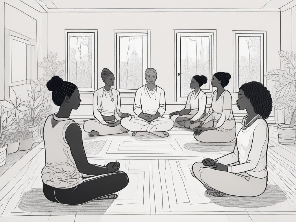 A serene wellness session taking place in a calm, inviting room, with a diverse group of individuals participating in guided meditation. The facilitator, a warm and approachable woman of African descent, leads the session with a gentle smile. Soft, ambient light filters through the room, creating a peaceful atmosphere. Comfortable mats and cushions are arranged for participants, promoting relaxation and mindfulness.