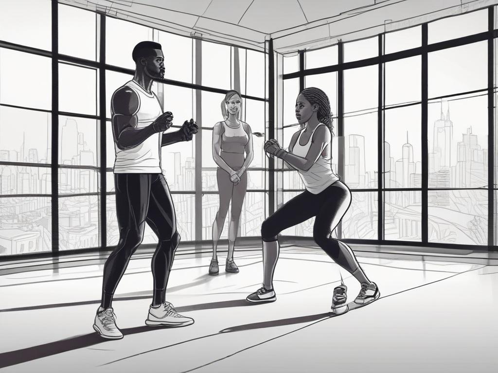 A personal trainer guiding an individual through a strength training exercise in a bright, modern studio. The trainer, a fit African American man, demonstrates a squat while the client, a focused Caucasian woman, follows his instructions. The studio has large windows with natural light pouring in, showcasing fitness equipment in the background. The overall atmosphere feels supportive and energetic.