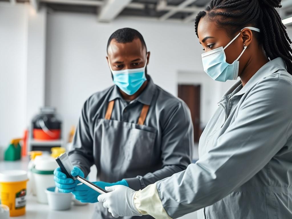 A black man and a black woman collaborating on a cleaning project in a modern commercial space. Both are wearing proper PPE including masks, gloves, and coveralls, showcasing professionalism and safety. The setting is bright and clean, with cleaning supplies and equipment visible in the background. The focus is on teamwork and dedication to sustainability.