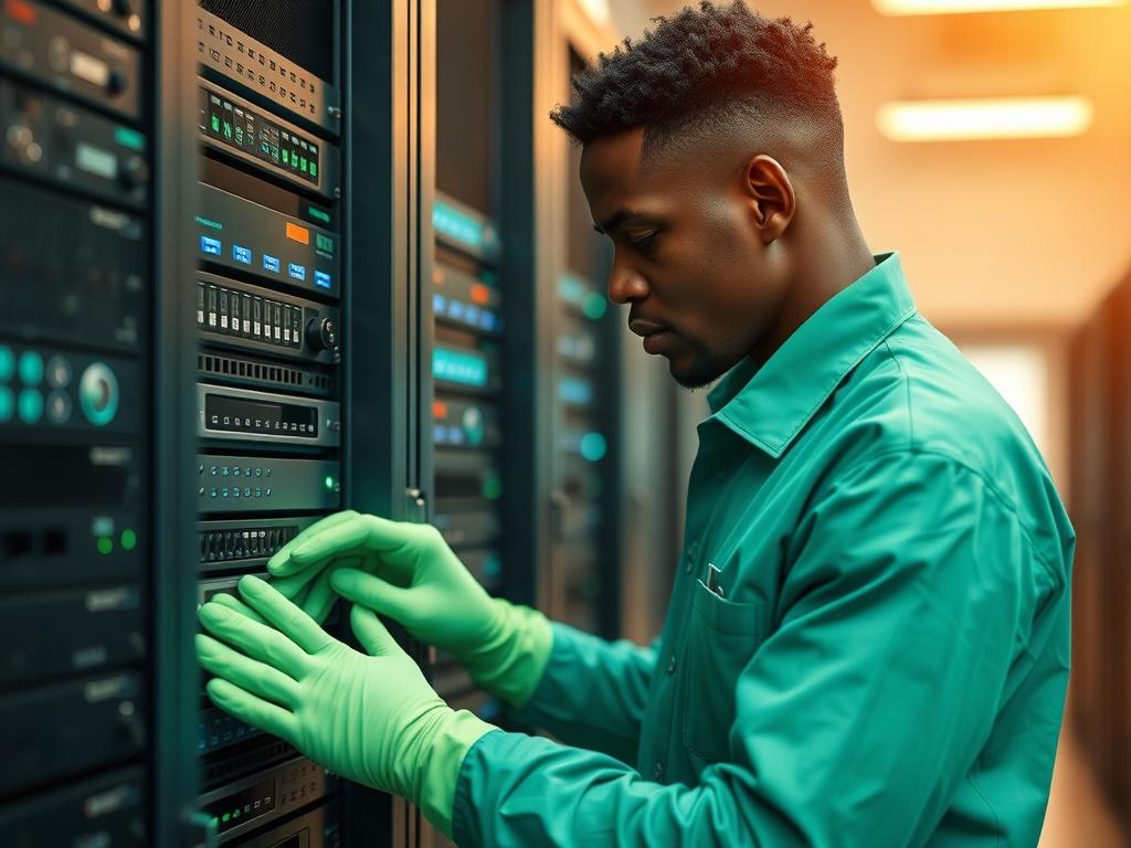 A focused close-up shot of an African American technician in a professional uniform meticulously cleaning a server rack in a data center. The environment should be clean and organized, showcasing various servers and technology equipment. The background should be softly blurred to emphasize the technician's actions, with warm, natural lighting creating a welcoming atmosphere. The primary color scheme should include shades of green to match the branding of CleanMyPlace LLC.