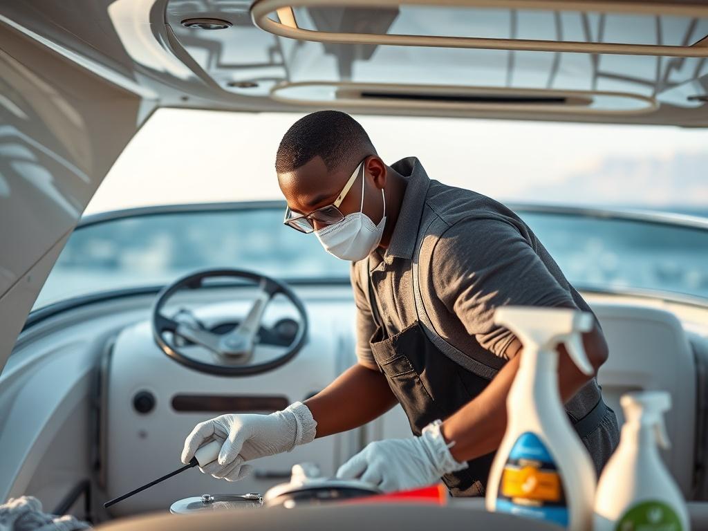 Create a hyper-realistic close-up image of an African American worker meticulously cleaning the interior of a boat. The worker should be focused and wearing safety gear, such as gloves and a mask, surrounded by cleaning tools and eco-friendly products. The background should subtly showcase the boat's luxurious interior, with soft lighting that highlights the cleanliness and detail of the work. The color palette should incorporate the rgb(50, 170, 39) primary color to match the theme of CleanMyPlace.