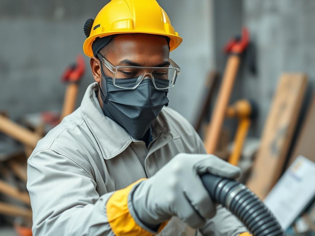 A close-up shot of an African American worker in full personal protective equipment (PPE) including gloves, mask, safety goggles, and a protective suit. The worker is actively engaged in cleaning a post-construction site, using a vacuum cleaner. The background should feature construction debris and tools, showcasing the environment where the cleaning is taking place. The composition should be simple and clear, focusing on the worker's diligent effort in maintaining cleanliness and safety.
