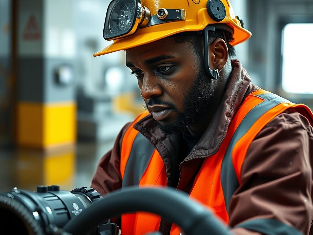 A close-up shot of an African American worker in safety gear, focused on water extraction in a flooded area. The worker is using a powerful water extraction machine, showcasing determination and professionalism. The background should be a slightly blurred indoor environment affected by water damage, emphasizing the urgency of the task. The image should be hyper-realistic and vibrant, with the primary color palette incorporating rgb(50, 170, 39).