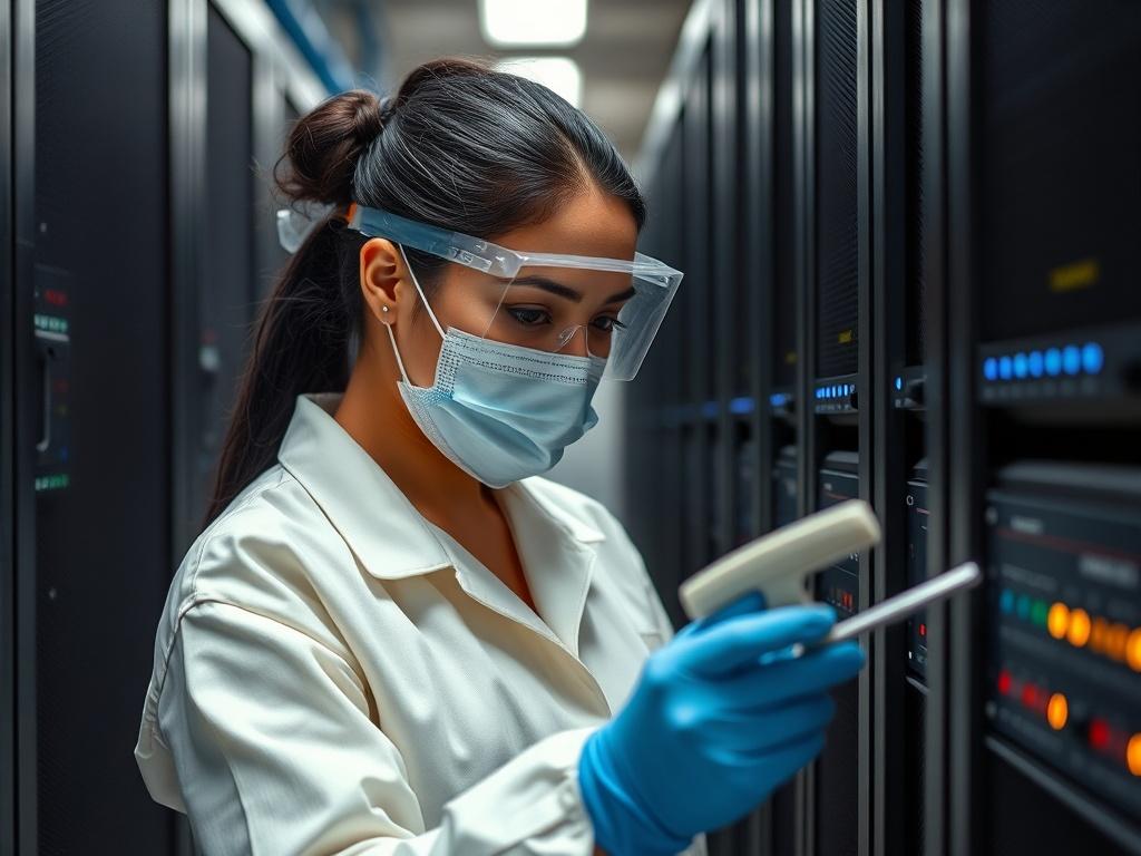 A latina woman wearing proper PPE (personal protective equipment) is meticulously cleaning a server room. The scene showcases rows of servers and high-tech equipment in the background, emphasizing the importance of cleanliness in a tech environment. The woman is focused and diligent, utilizing cleaning tools appropriate for electronic equipment. The composition is simple and clear, highlighting her as the main subject in a professional setting.