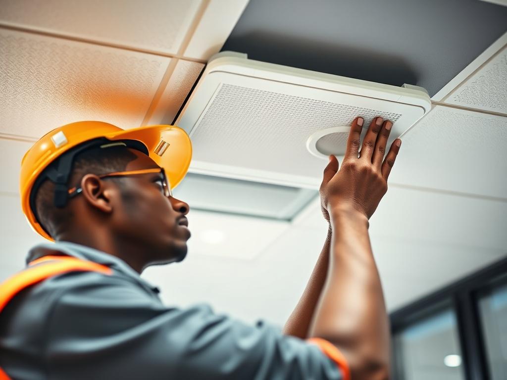 A close-up shot of an African American worker installing a new ceiling tile in a commercial space, showcasing the modern and clean aesthetics of the ceiling. The worker is wearing safety gear and is focused on the task. The background is softly blurred to emphasize the worker and the ceiling tile being replaced. The lighting is bright and highlights the fresh ceiling tiles, creating an inviting atmosphere. The color scheme is compatible with rgb(50, 170, 39). Shot with a 45mm f/1.2 lens for a hyper-realisti