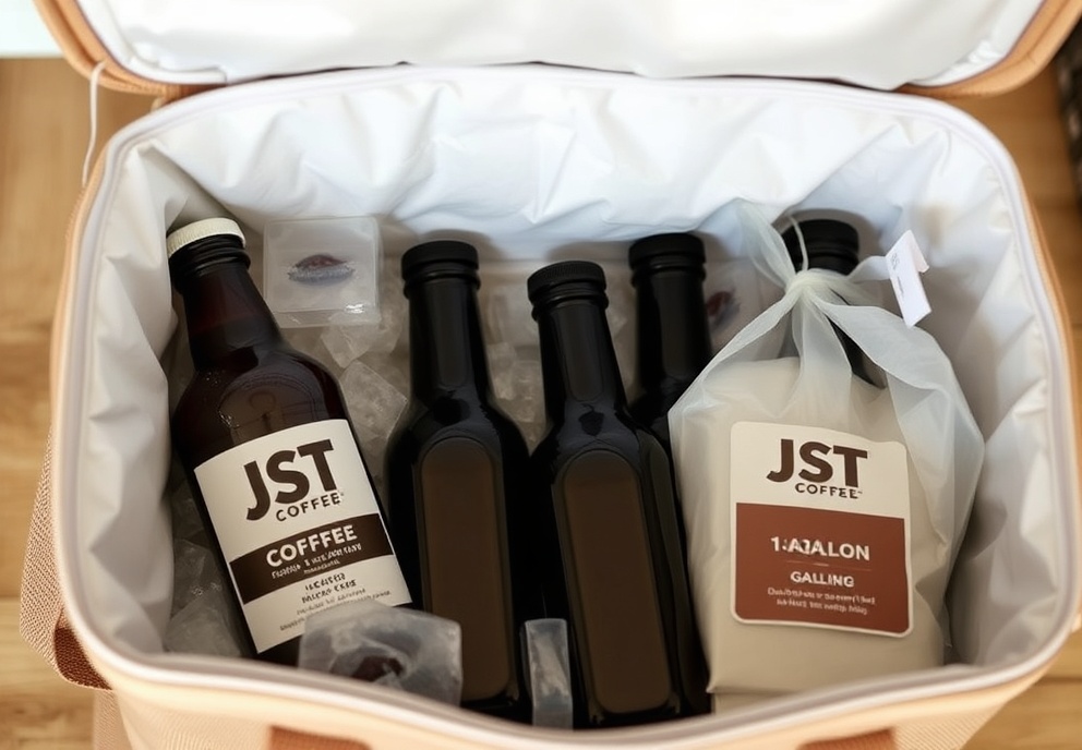 JST Coffee bottles and gallon bags packed in insulated cooler with ice packs