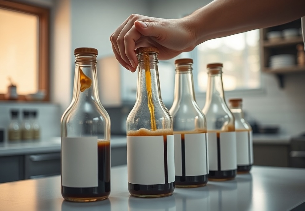 Hands carefully bottling fresh JST Coffee in our Los Angeles production facility