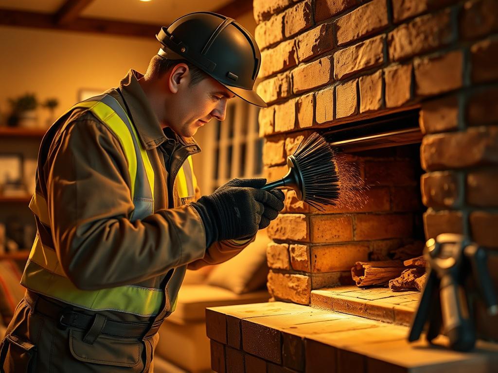 A technician in a safety suit cleaning a chimney with