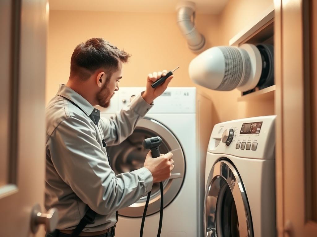 A technician cleaning a dryer vent in a laundry room