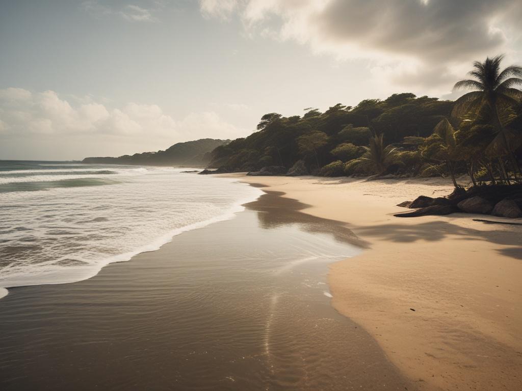 Create a realistic high-resolution image showcasing the natural beauty and tranquility of Praia da Concha in Itacaré, Brazil. The composition should feature a stunning view of the beach, with gentle waves lapping against soft golden sands. In the foreground, include a single large palm tree gracefully arching over the beach, its lush green leaves contrasting against the clear blue sky. The background should consist of rolling green hills and rocky cliffs, providing a picturesque frame for the serene waters.