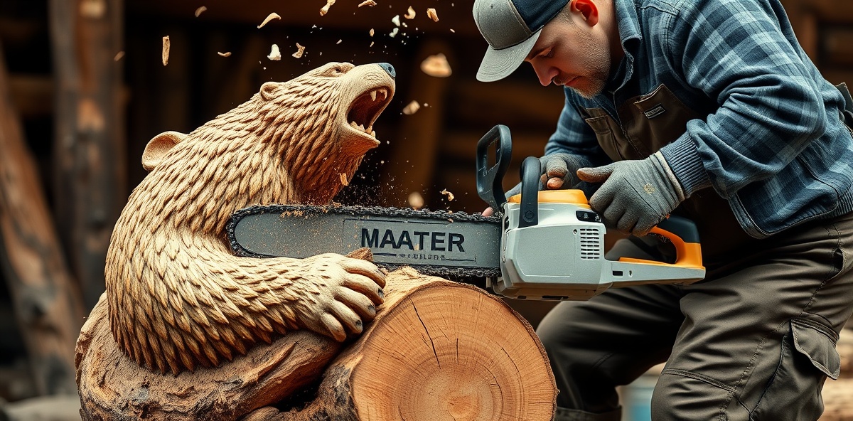 Master carver sculpting a wooden bear with chainsaw, wood chips flying