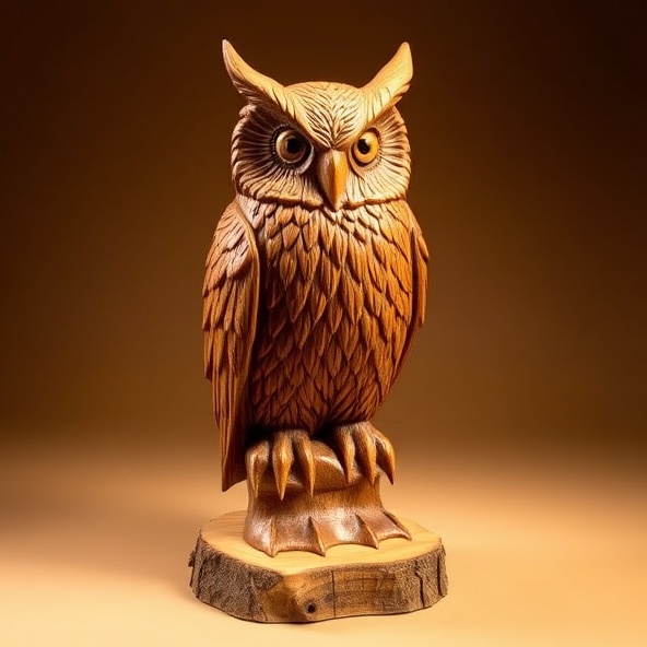 Chainsaw carved wooden owl on base