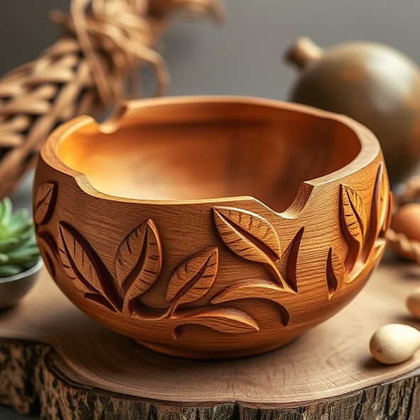 Hand-carved wooden decorative planter with leaf designs