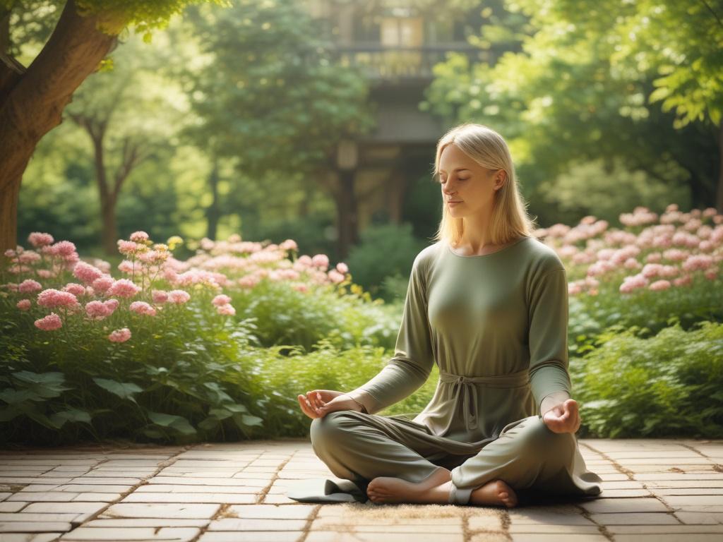 A tranquil setting with a person meditating in a peaceful