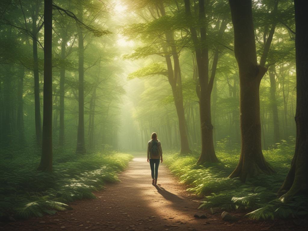 A serene scene depicting a person standing on a path