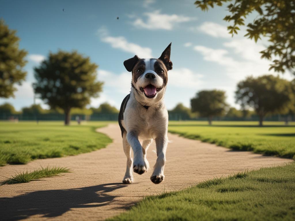 A serene private dog park scene featuring a happy dog
