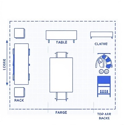 Minimal setup layout with 1 table, 1 clothes rack, 1 shoe rack