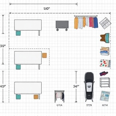 Medium setup layout with 3 tables, 2 clothes racks, 2 shoe racks
