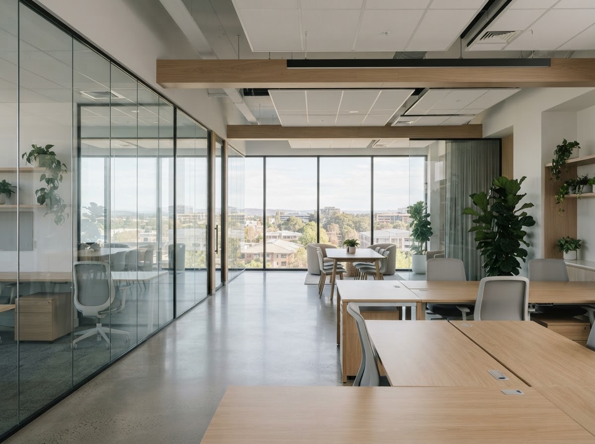 Bright, orderly commercial office with clear desks, glass partitions and indoor greenery