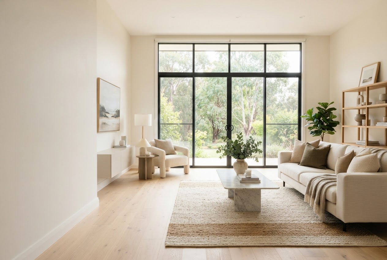 Sunlit, freshly reset living room with warm timber floors and a calm, welcoming feel