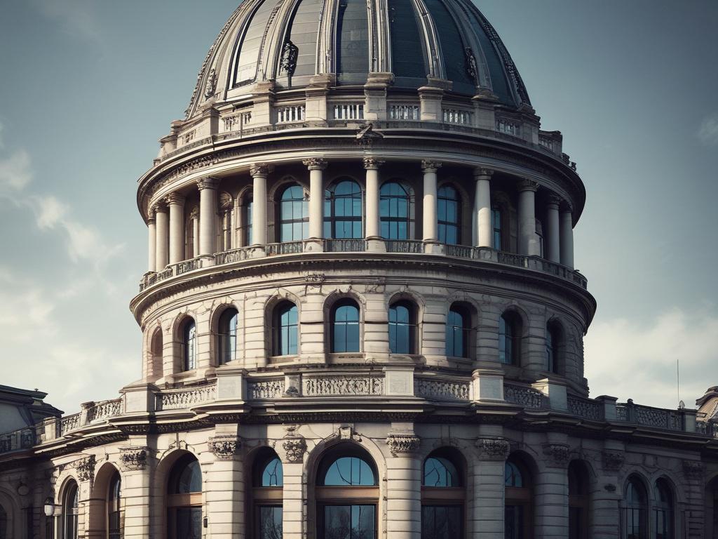 Create a realistic high-resolution photo focused on a single strong subject that embodies the theme of long-term capital building for Swiss investors. The main subject should be a mature businessman, dressed in a sharp, tailored suit, sitting at a sleek modern desk, thoughtfully analyzing financial documents. His expression should convey confidence and determination. 

In the background, softly blurred, include an elegant office with large windows showing a panoramic view of the Swiss Alps, symbolizing stab