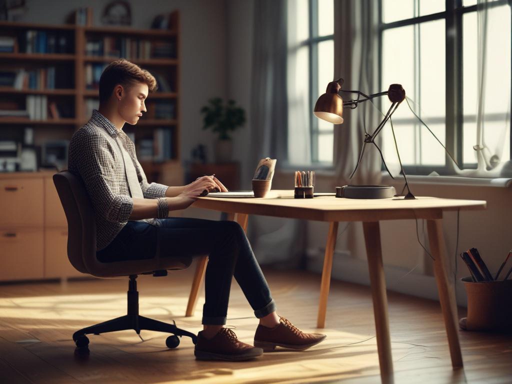 Create a highly detailed, realistic high-resolution photo focused solely on a young adult sitting at a modern desk in a cozy, well-lit room. The subject, a thoughtful individual, is flipping through a comprehensive investment guide, looking engaged and focused. The desk is minimalist, featuring only essential items like a sleek laptop, a notepad, and a pen, conveying a sense of organized simplicity.

The background should depict a serene view outside a window, showcasing a hint of Switzerland’s iconic lands