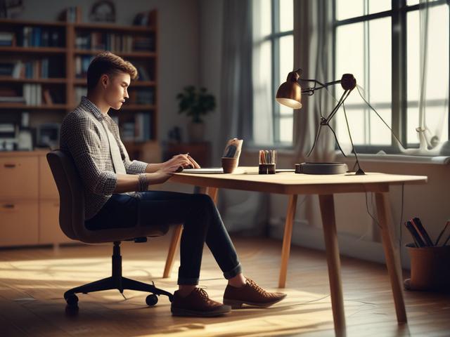 Create a highly detailed, realistic high-resolution photo focused solely on a young adult sitting at a modern desk in a cozy, well-lit room. The subject, a thoughtful individual, is flipping through a comprehensive investment guide, looking engaged and focused. The desk is minimalist, featuring only essential items like a sleek laptop, a notepad, and a pen, conveying a sense of organized simplicity.

The background should depict a serene view outside a window, showcasing a hint of Switzerland’s iconic lands