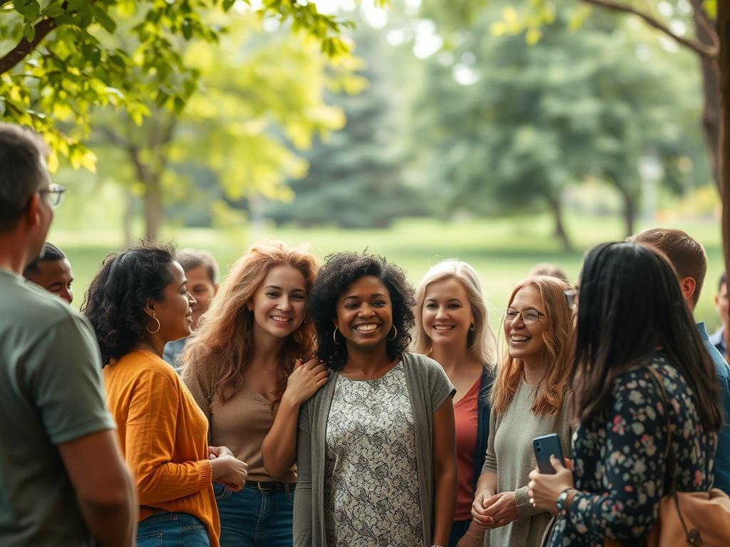 A peaceful and serene community gathering in a park, showcasing