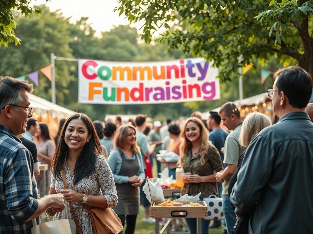 A vibrant community fundraising event in a park, with people