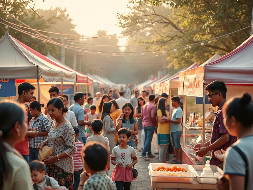 A vibrant community fundraising drive with people engaging in activities