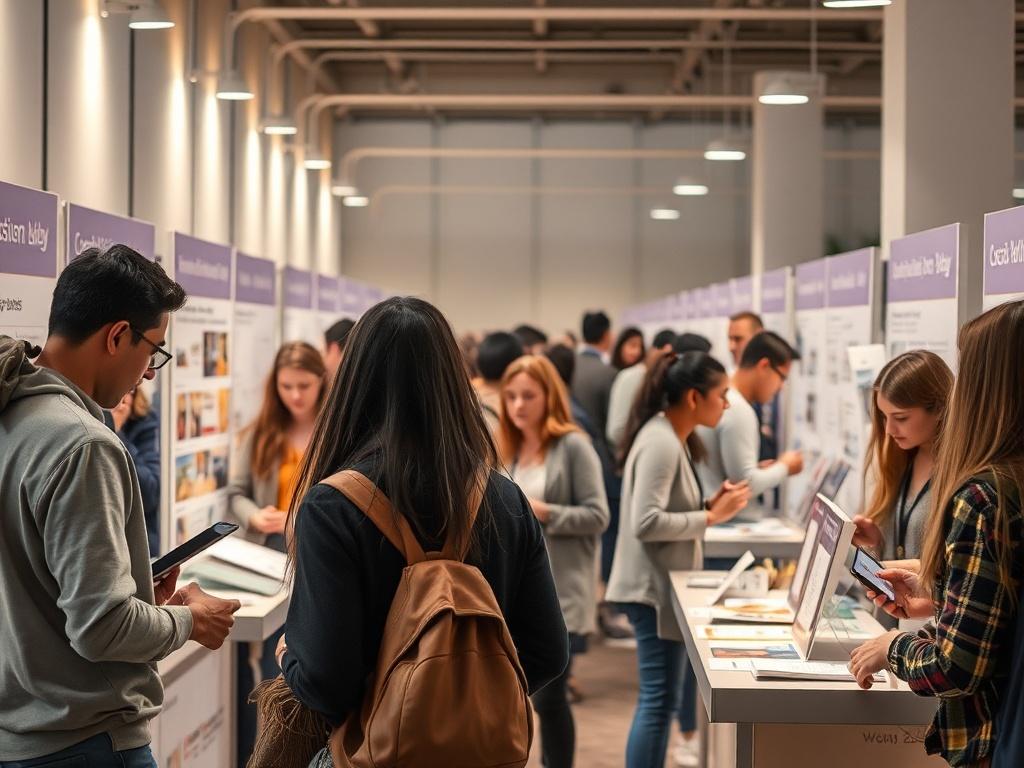 An engaging social welfare awareness campaign with attendees exploring informational