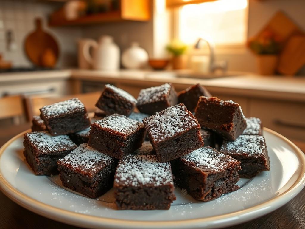 A plate filled with rich, fudgy brownie bites, arranged neatly with a sprinkle of powdered sugar on top. The scene is set in a cozy kitchen with warm, golden lighting filtering through the window.