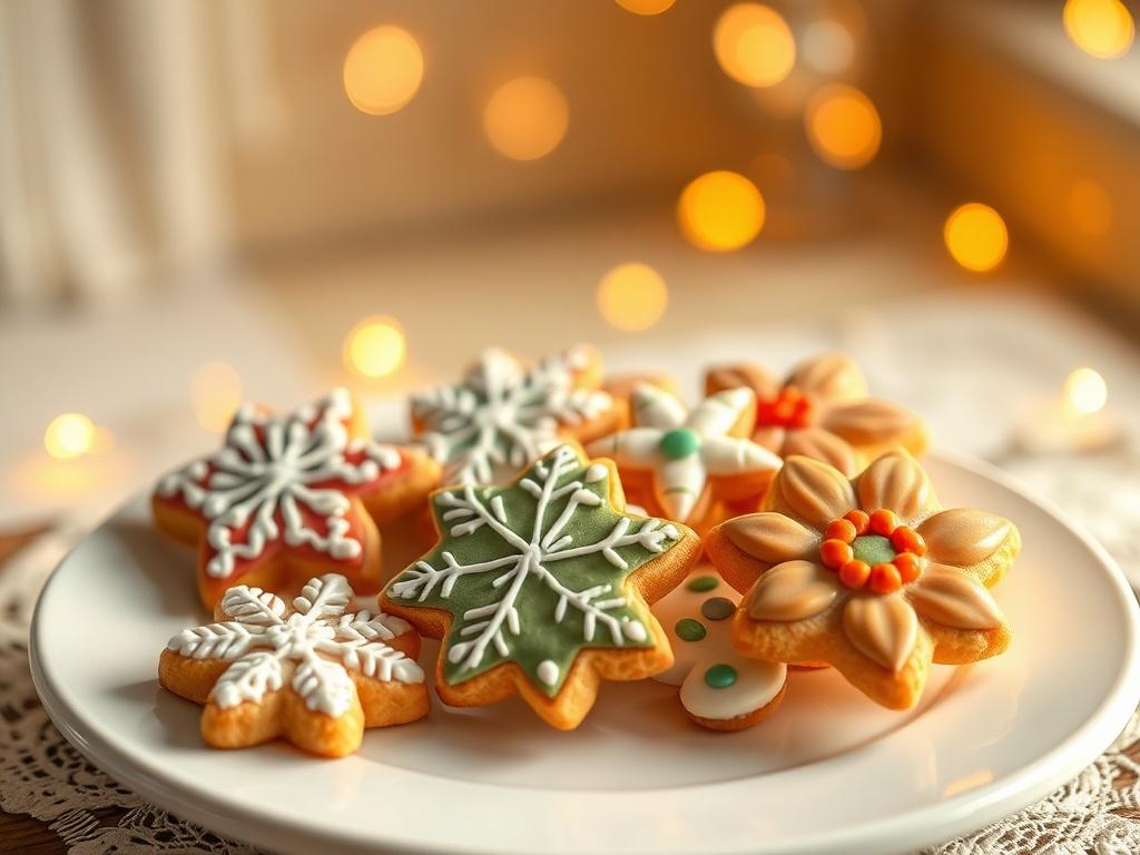 A collection of seasonal decorated cookies displayed on a white plate, featuring designs like snowflakes for winter and flowers for spring. The background is softly blurred with warm, golden lighting, evoking a cozy atmosphere.