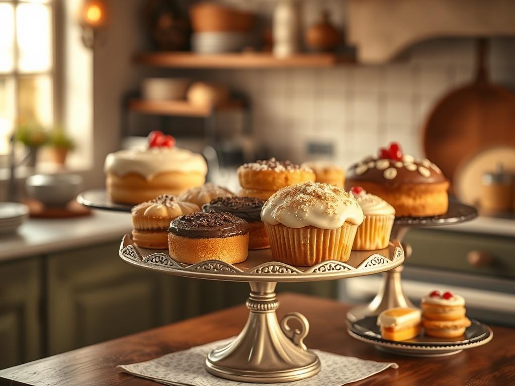 A high-resolution image featuring an assortment of specialty baked goods, including cakes and pastries, elegantly arranged on a vintage cake stand. The warm lighting creates a cozy atmosphere, with a softly blurred background of a charming kitchen.