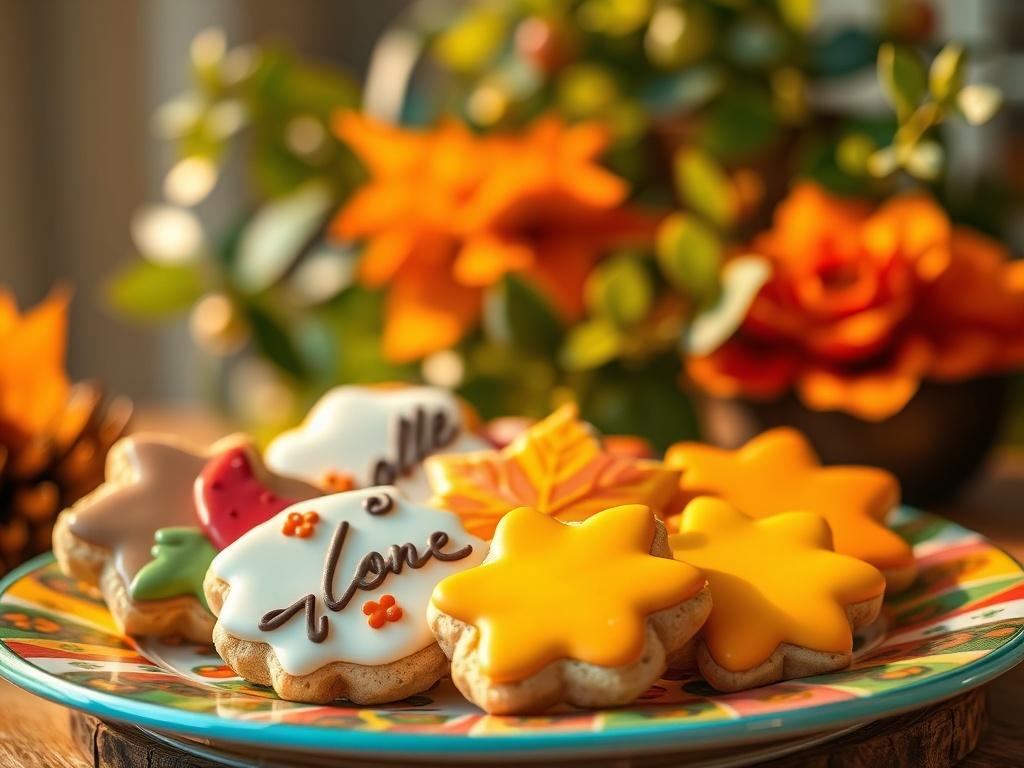 A vibrant high-resolution photo showcasing a selection of seasonal cookies, featuring fall and summer themes, beautifully arranged on a colorful platter. The soft, golden light enhances the inviting look, with a blurred background of greenery.