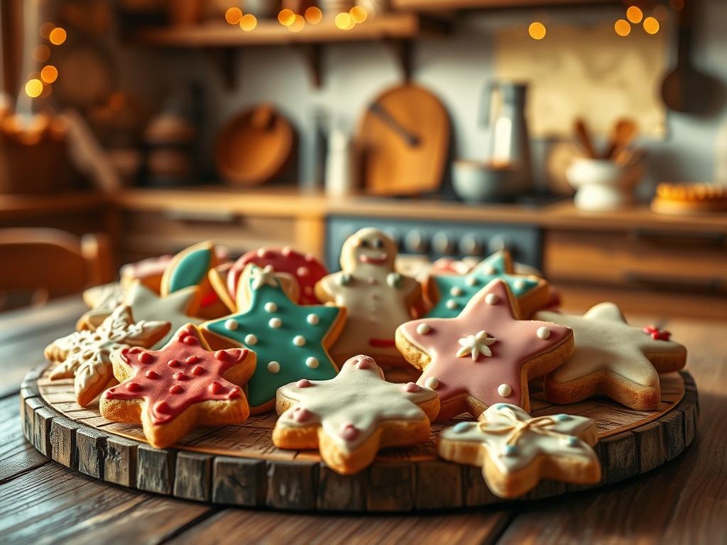 A realistic high-resolution photo of beautifully decorated sugar cookies in various shapes and colors, displayed on a rustic wooden table. Soft golden lighting enhances the inviting ambiance, with a blurred background featuring a cozy kitchen setting.