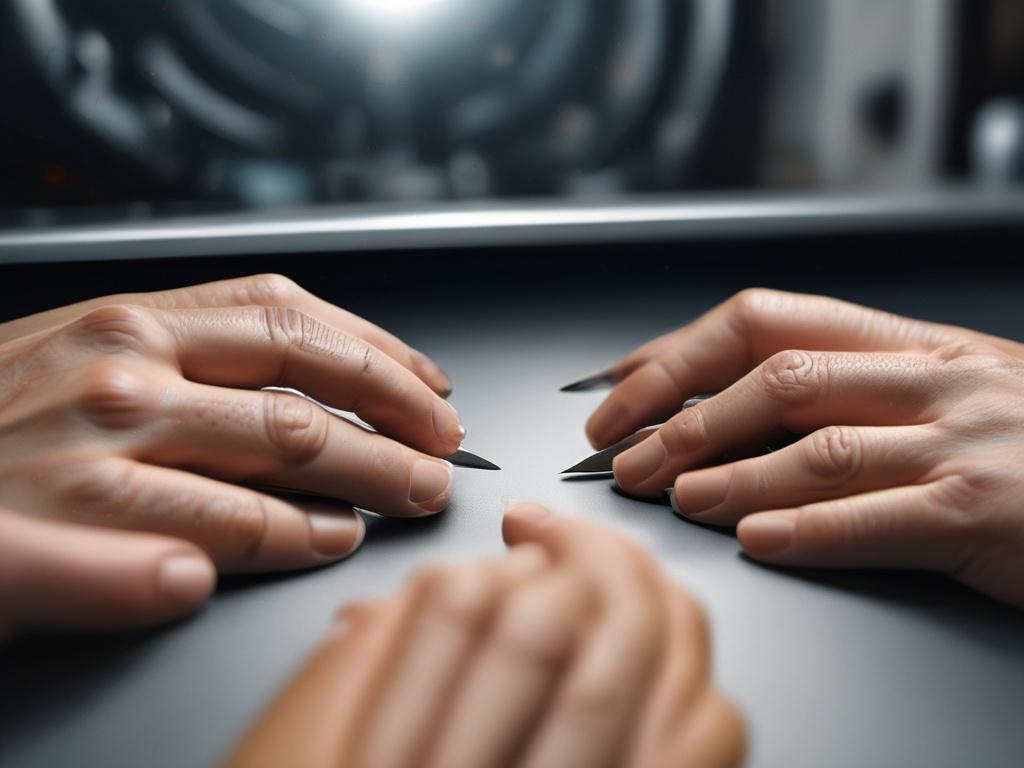 A hyper-realistic close-up shot of a skilled professional's hands meticulously working with cutting-edge technology, captured with a 45mm f/1.2 lens style. The background is softly blurred to highlight the focused hands, with subtle tones matching rgb(30, 72, 68). The composition is simple and clear, emphasizing dedication and innovation in a modern workspace environment.