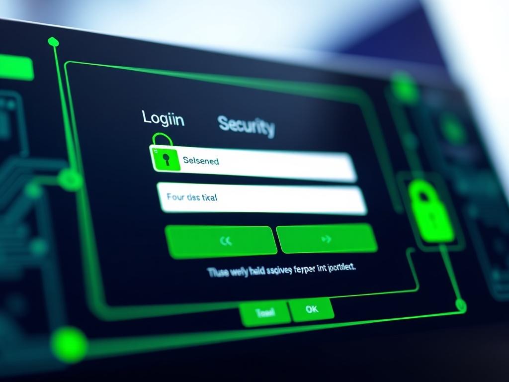 A close-up shot of a modern digital security interface, showcasing a secure login page with vibrant green accents. The design features user-friendly elements like input fields, buttons, and security icons. The background is soft-focused to emphasize the login interface, creating a sleek and professional atmosphere. The composition is clear and simple, highlighting the importance of security in digital access.