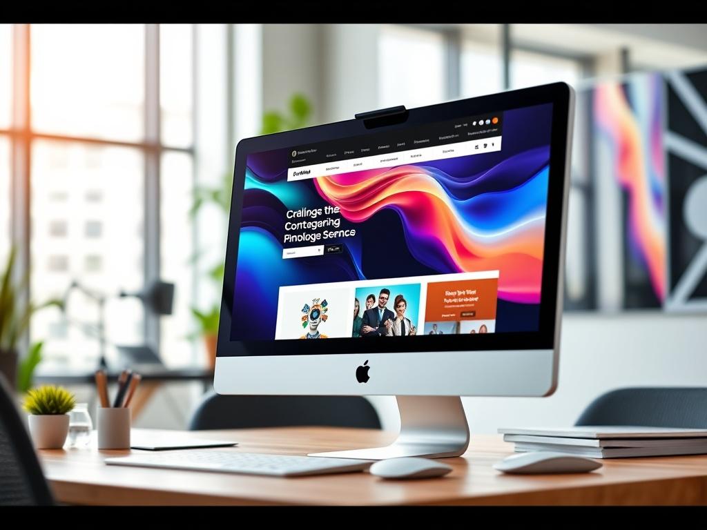 A hyper-realistic close-up shot of a computer screen displaying a beautifully designed website interface, showcasing vibrant colors and a sleek layout. The setting is a modern office with soft natural lighting, highlighting the screen and the relevant design elements in focus. The background should be blurred to emphasize the website, capturing the essence of digital creativity.