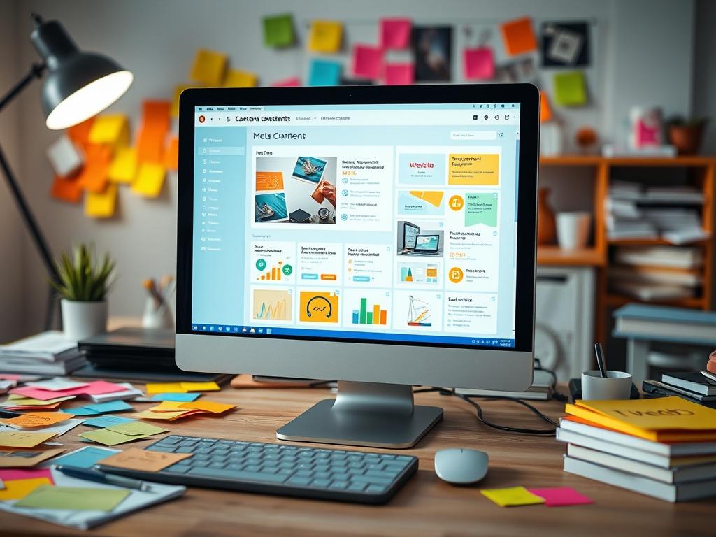 A hyper-realistic close-up shot of a creative workspace with a computer displaying a content management system. The focus is on the screen showcasing meta content being developed, with colorful sticky notes and brainstorming materials scattered around. The atmosphere should convey innovation and creativity.