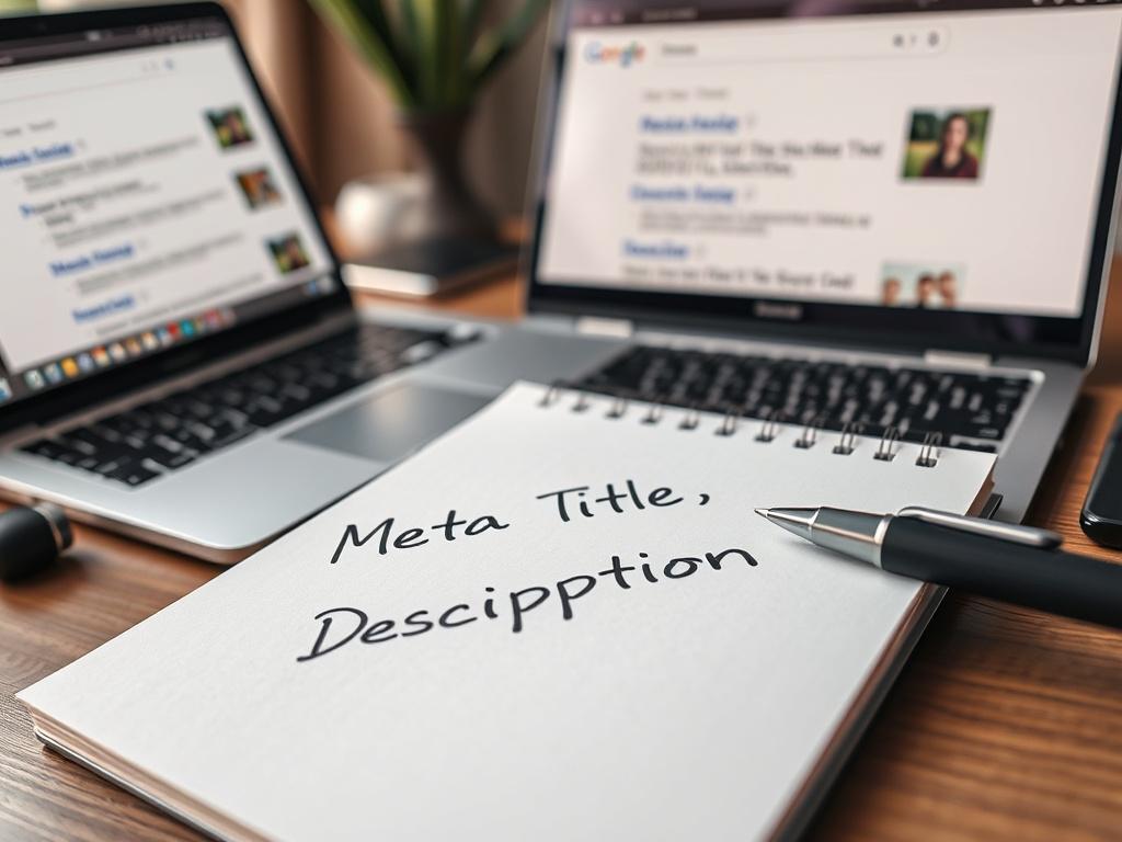 A hyper-realistic close-up shot of a notepad and pen, with scribbles of meta title and description ideas. The notepad is placed on a stylish desk with a laptop open in the background displaying search engine results. The scene is well-lit, emphasizing the importance of planning and creativity in digital marketing.