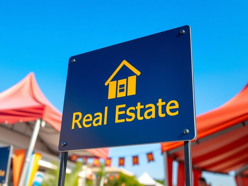 A close-up shot of a high-quality real estate sign featuring a logo prominently displayed. The setting is outdoors at an event entrance with a clear blue sky in the background. The focus is on the sign, with vibrant colors that complement the primary color rgb(243, 153, 62), creating a warm and inviting atmosphere.