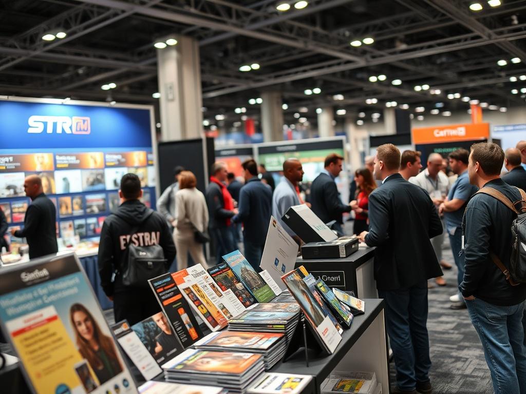 A close-up shot of a vendor booth at the STR MasterVendor Expo, featuring an attractive display of promotional materials and products. The background should show attendees interacting with the booth, creating a lively atmosphere. The image should be shot with a 45mm f/1.2 lens to capture the details of the booth.